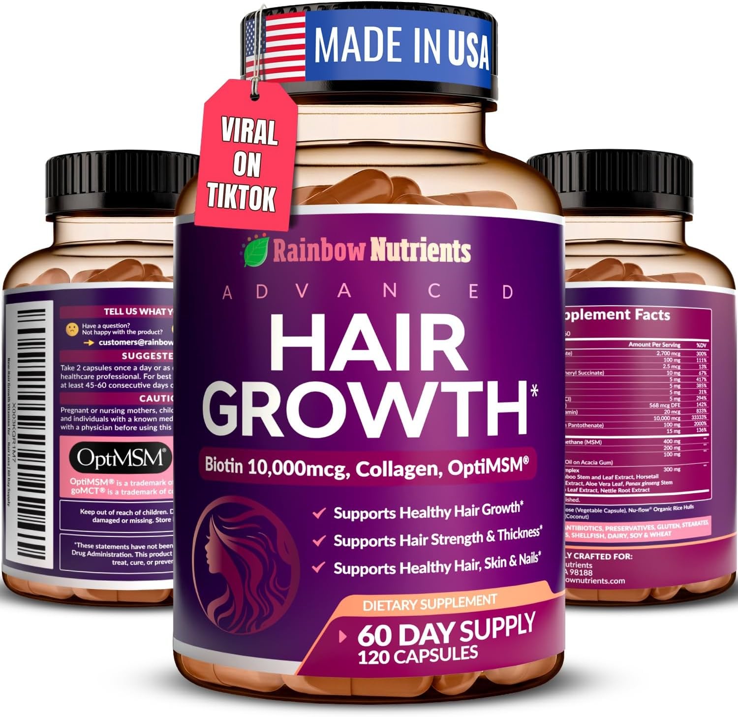 1-3 Pack Women\'s Hair Growth Supplement Biotin Collagen MSM Saw Palmetto