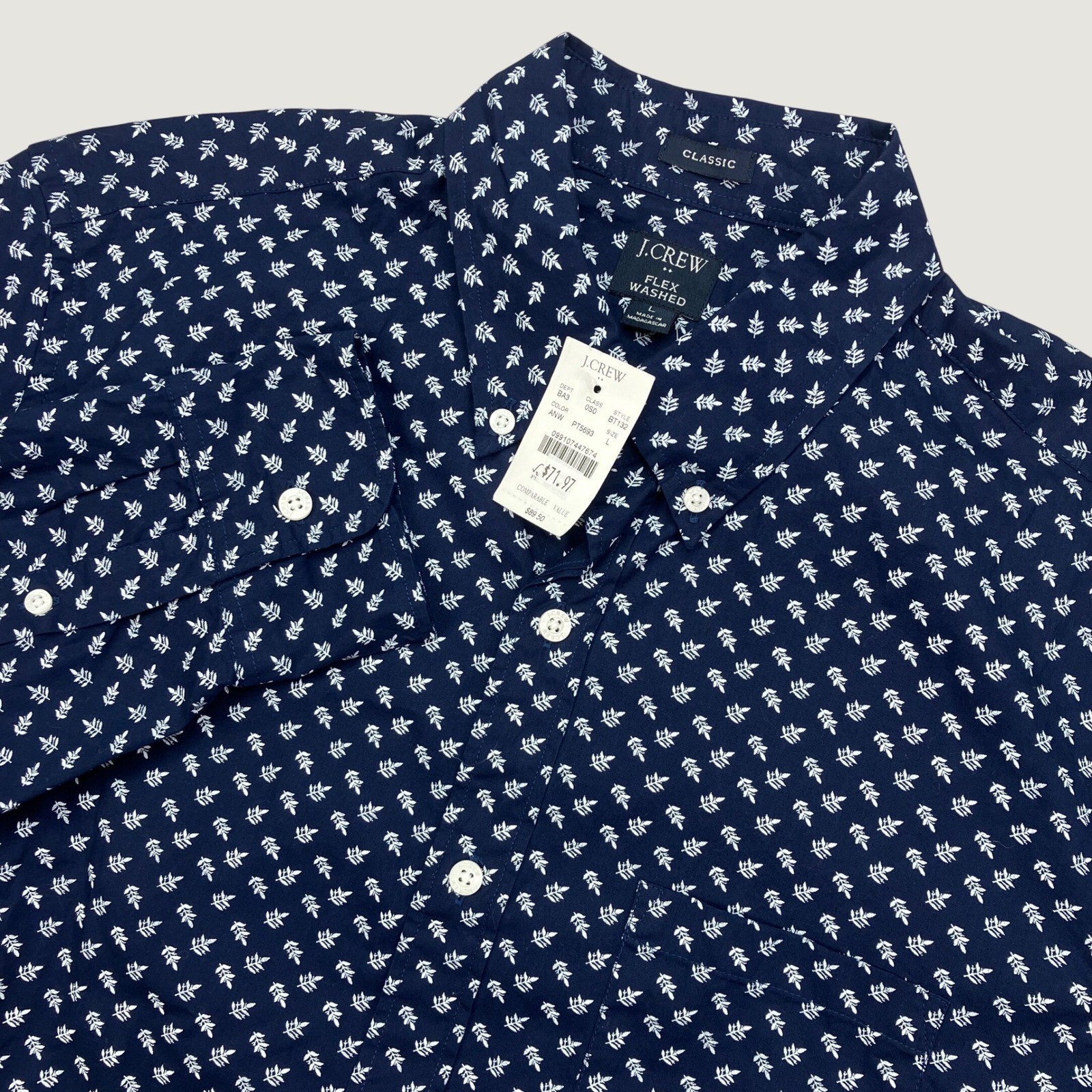 NEW J. Crew Mens L Button Front Shirt Navy White Leaf Print Flex Washed BT132