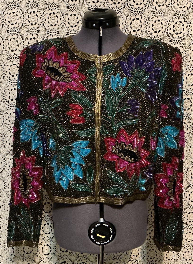 VINTAG 80s NIGHT VOGUE SILK CROP JACKET W/ ALL OVER BEADED FLOWERS STUNNING SZ S
