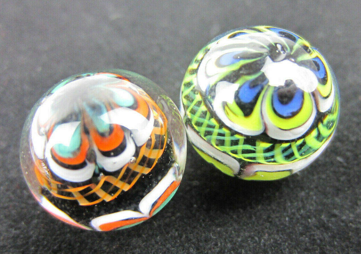 2 RINKY-DINK 16mm Handmade Art Glass Orange Blue Green Lattice Design Marbles