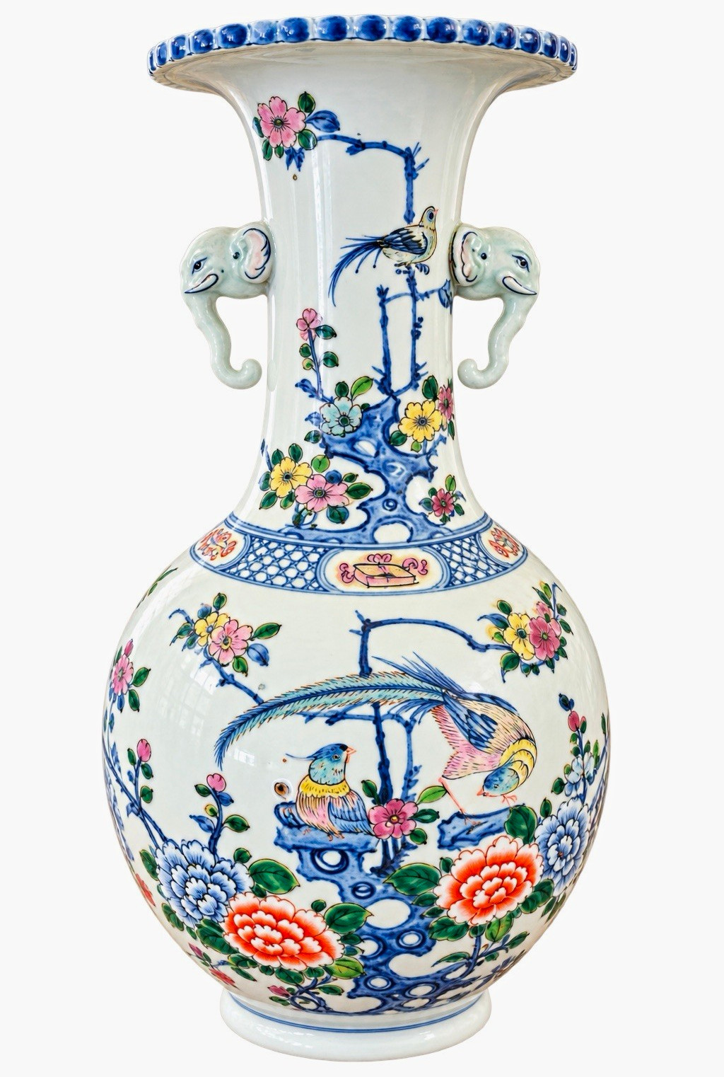 Vintage Chinese Porcelain Famille Rose Vase – Elephant Handles, Birds & Floral D Vintage Chinese Porcelain Famille Rose Vase – Elephant Handles, Birds & Floral D