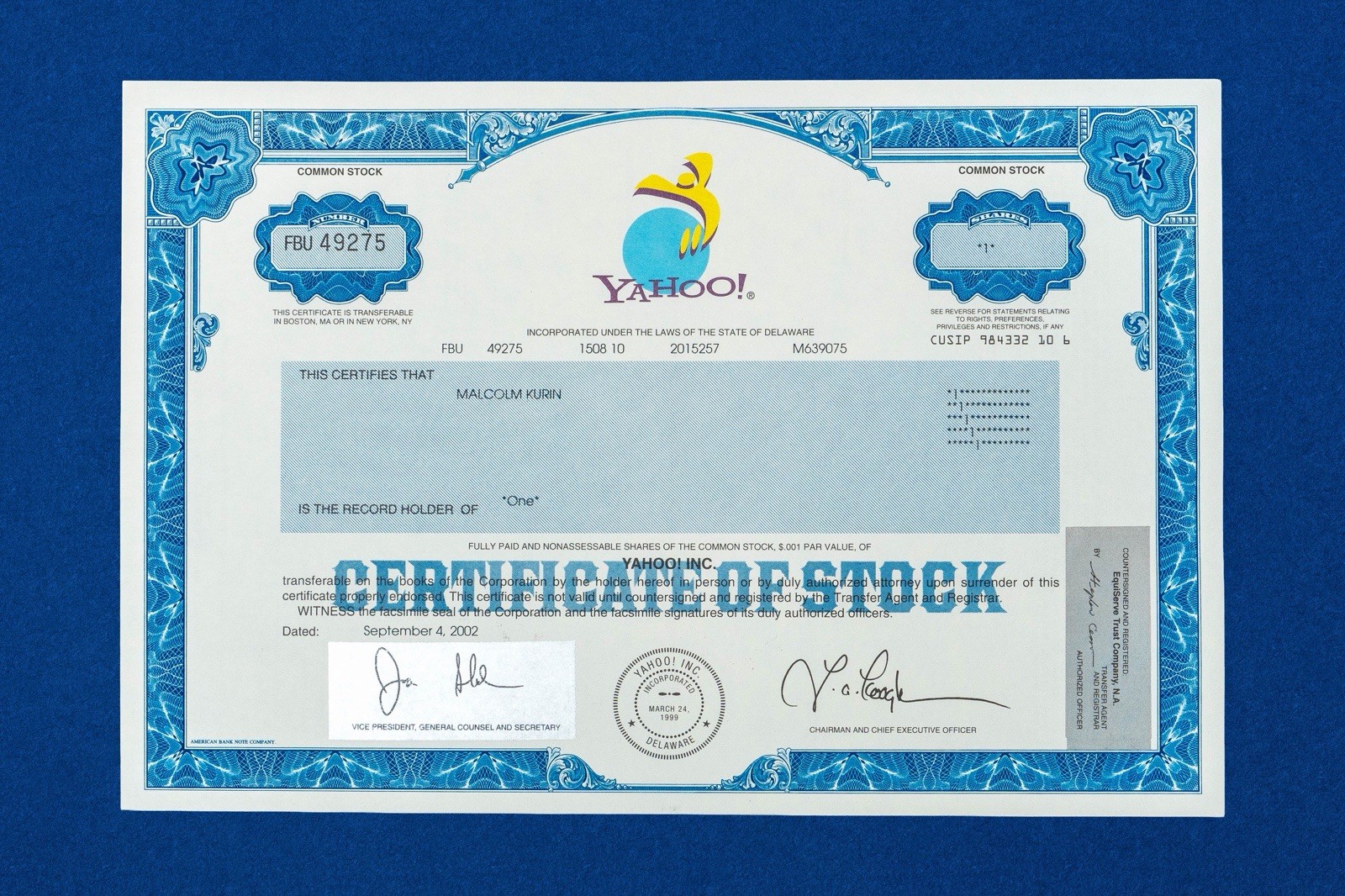 2007 YAHOO Stock Certificate - 1 Share  TERRY SEMEL  Immaculate