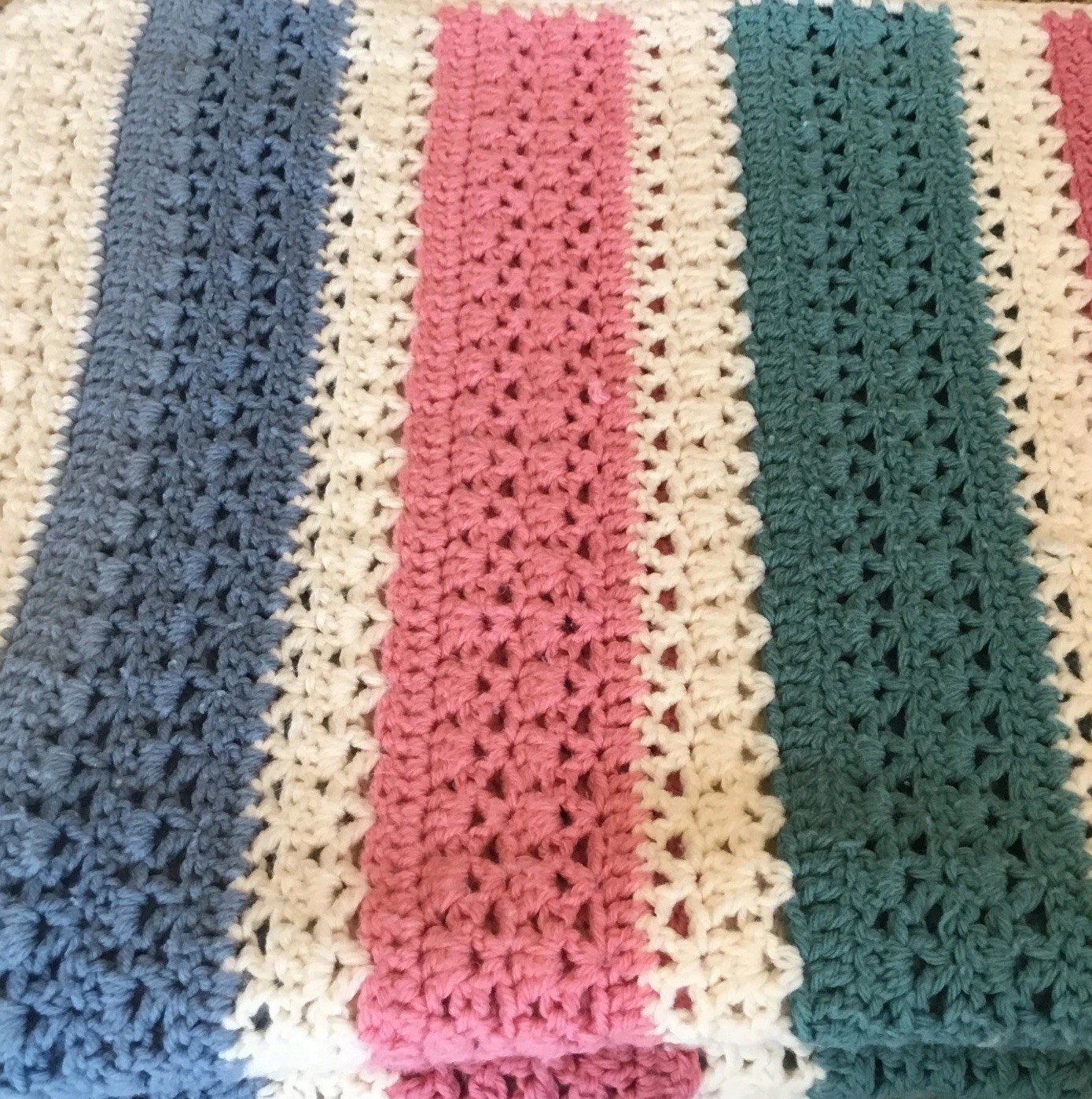 Large Hand Crocheted Afghan Throw Striped Pink Blue White Teal 82 X 60 Large Hand Crocheted Afghan Throw Striped Pink Blue White Teal 82 X 60