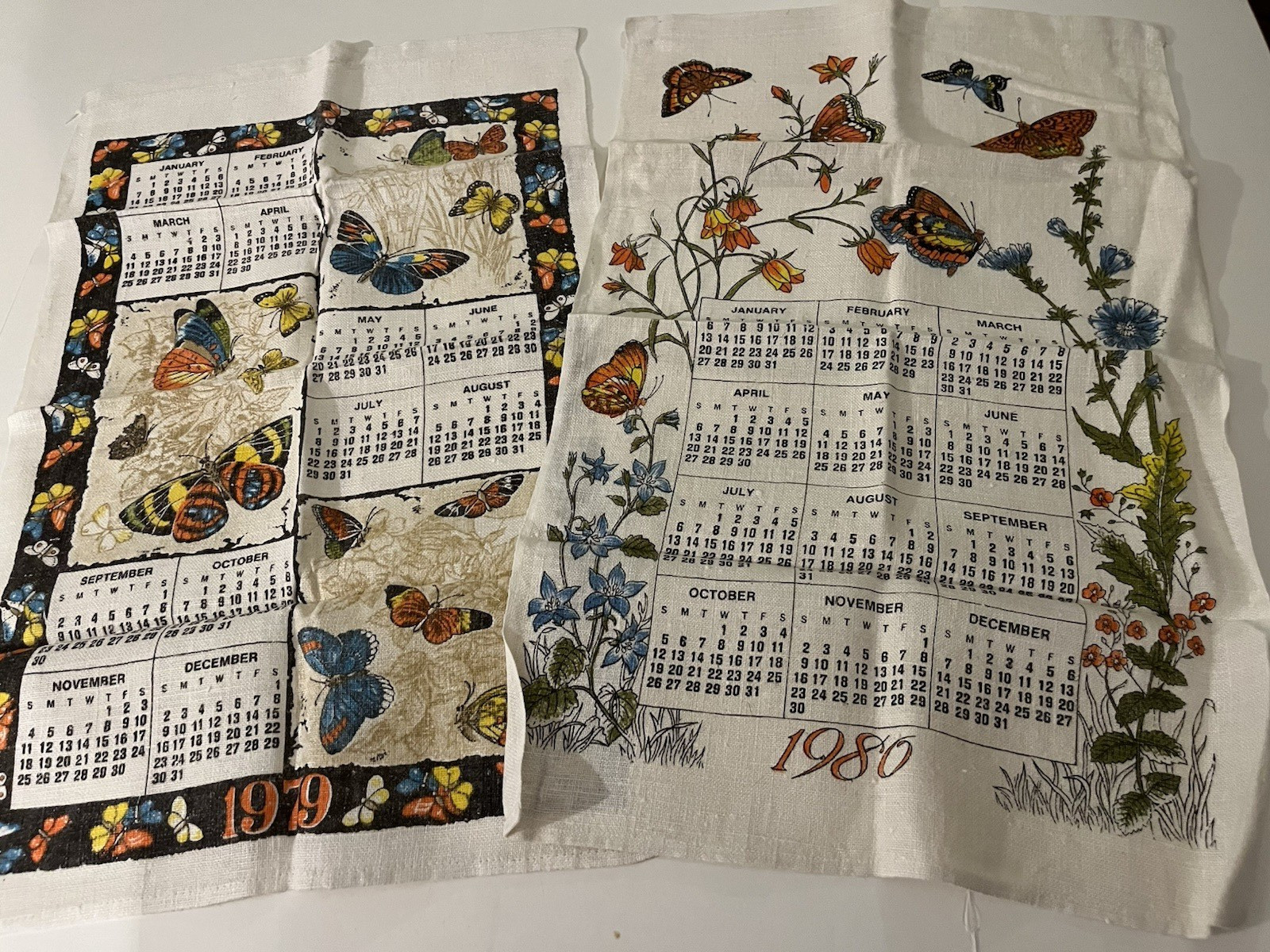 2 VTG 1979, 80 Calendar Kitchen, Tea Towel Linen, Butterflies