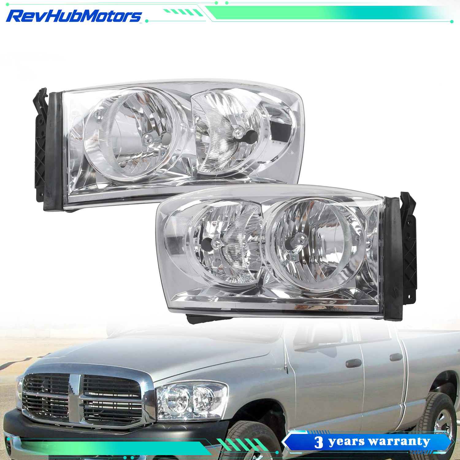 Headlamps Pair Chrome Clear Reflector For Dodge Ram 1500 2500 3500 2006-2009