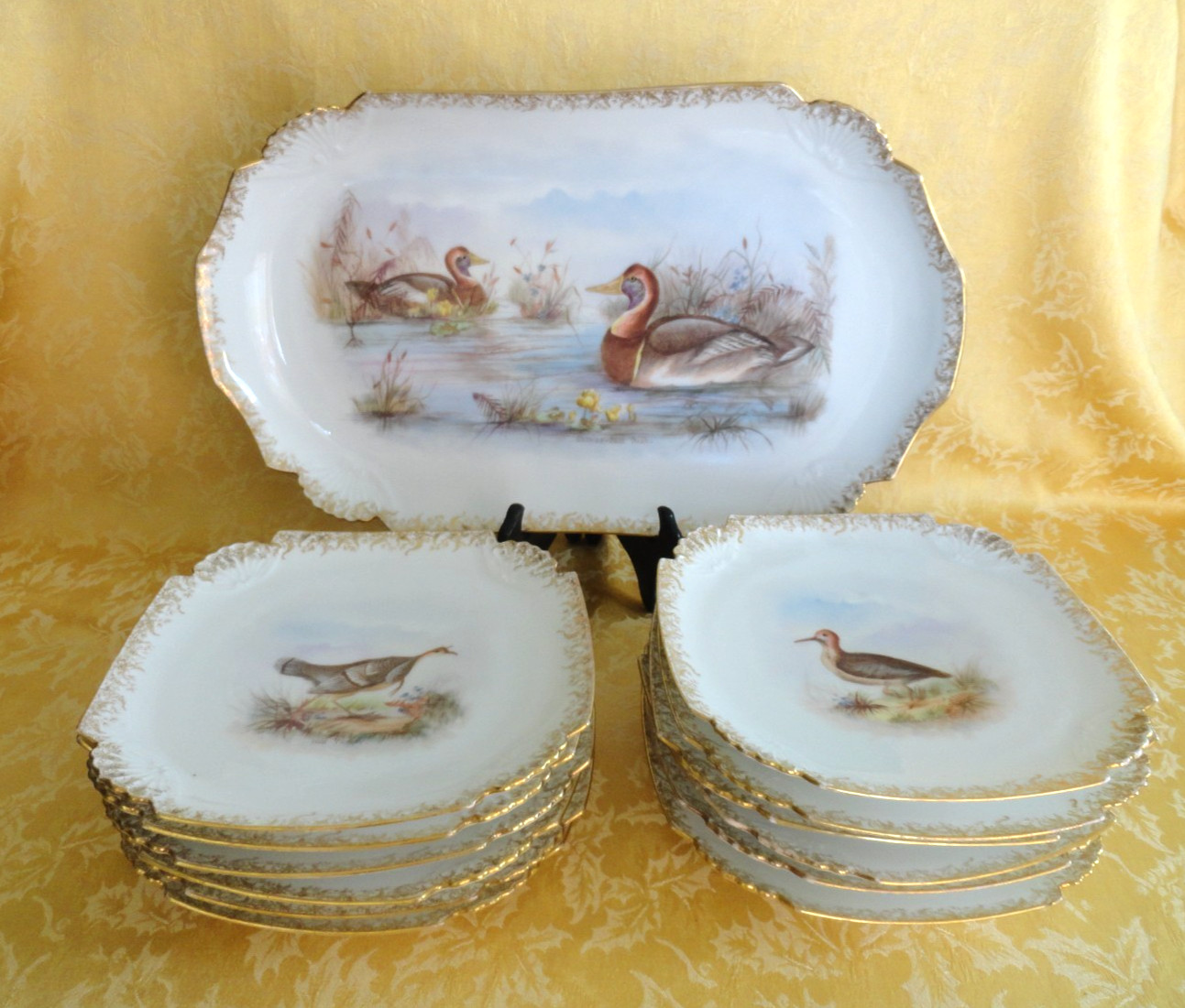 Antique Elite Limoges Hand Painted Game Birds Platter & 12 Plates Gold Gilt Rare