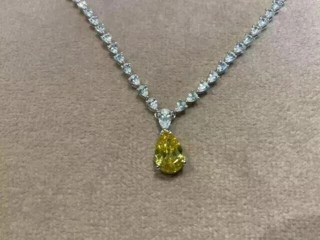 30ctw Pear Cut Created Canary Diamonds Tennis Necklace 14K White Gold Finish 18