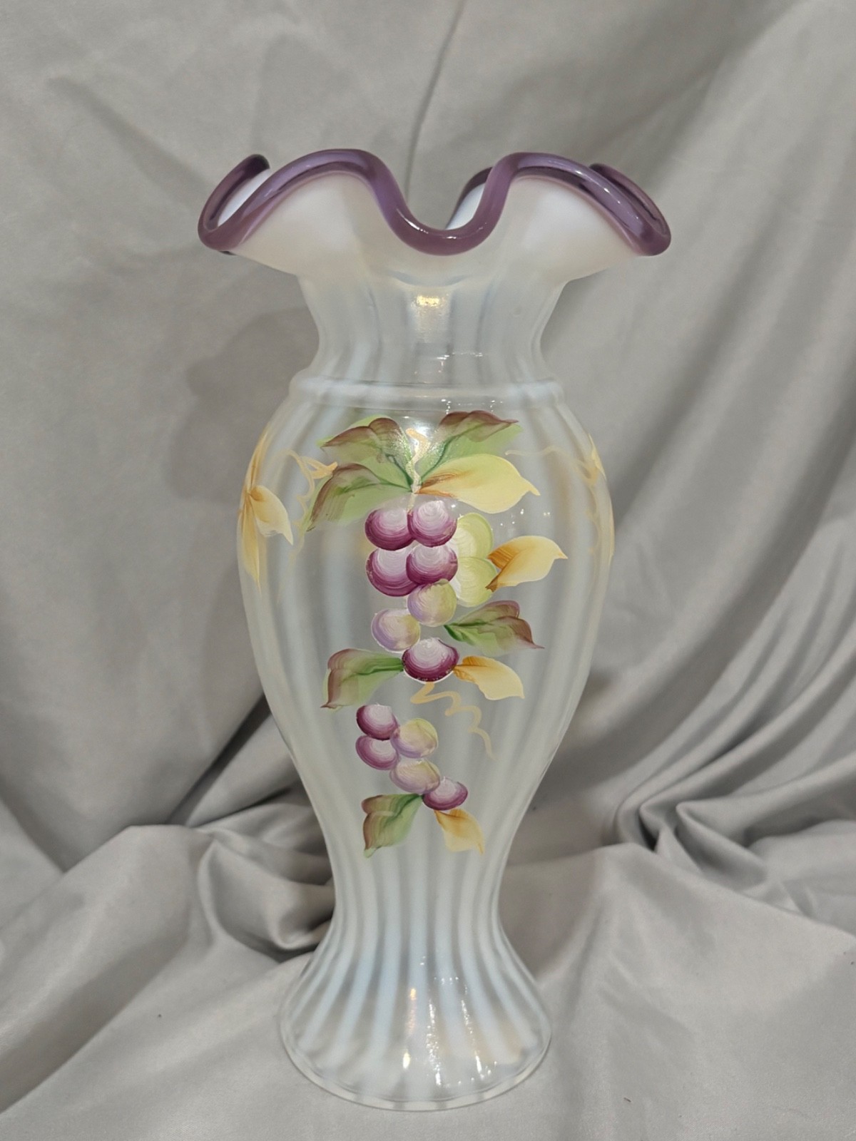 Fenton Opalescent Violet Hand painted grge vase, signed, NIB, stickers Fenton Opalescent Violet Hand painted grge vase, signed, NIB, stickers
