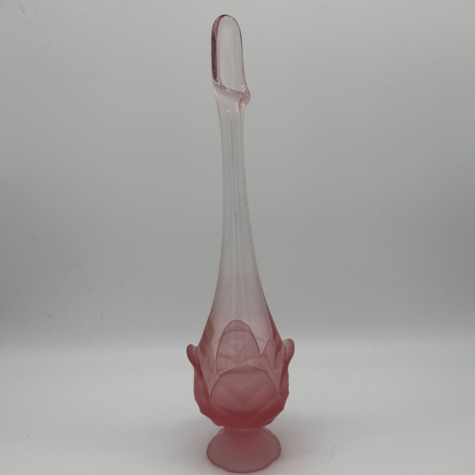 Vintage Viking Glass Pink Epic Leaf Swung Vase Frosted Satin Thistle Labeled 14\
