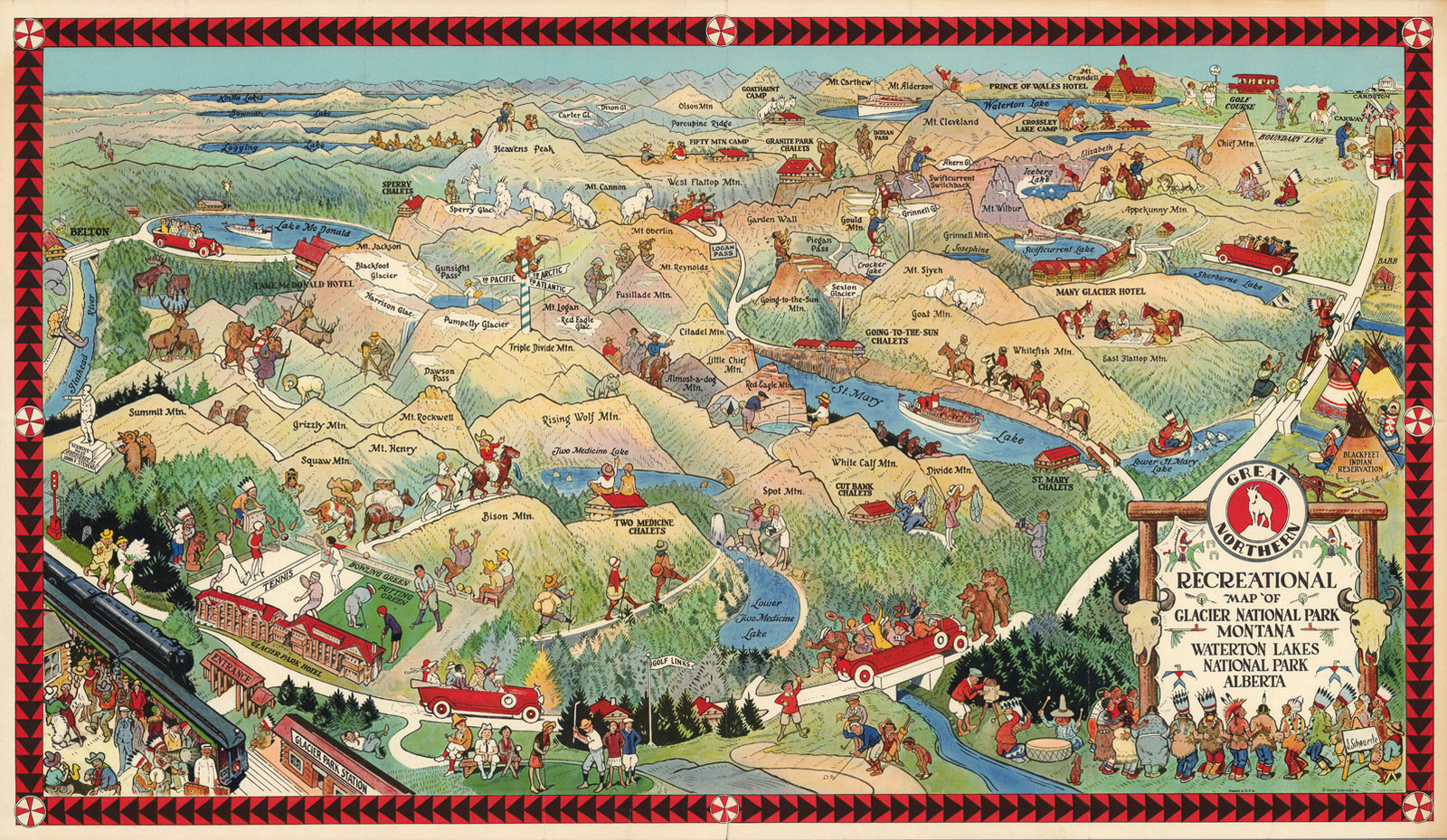 1922 Pictorial Map Glacier National Park Montana Waterton Lakes Vintage Wall Art