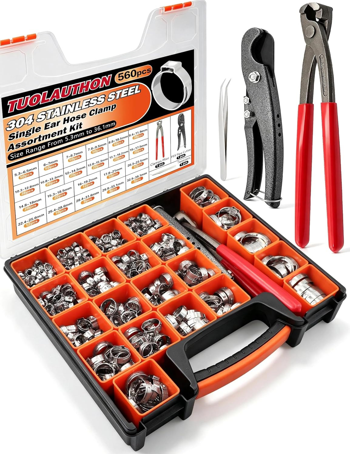 560PCS 22 Sizes Single Ear Hose Clamp Assortment Kit, 5.3 to 36.1Mm 304 Stainles 560PCS 22 Sizes Single Ear Hose Clamp Assortment Kit, 5.3 to 36.1Mm 304 Stainles
