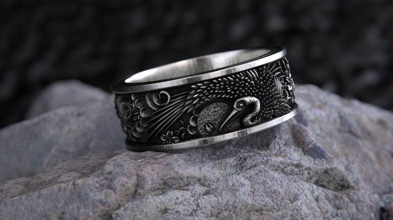 Handcrafted Sterling Silver Peacock Ring– Ornate Floral Men\'s Jewelry Band Ring