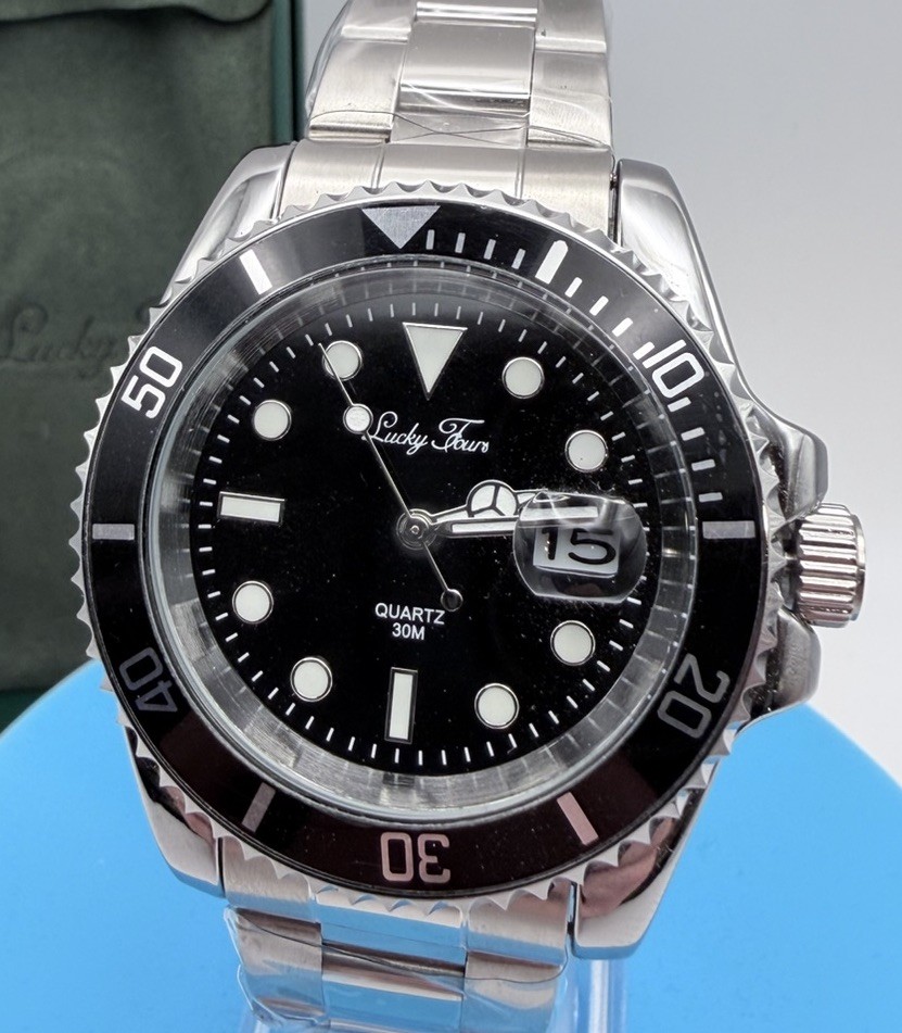 Lucky Fours Baretta Men's Watch Black Bezel Black Dial Stainless Steel New Lucky Fours Baretta Men's Watch Black Bezel Black Dial Stainless Steel New