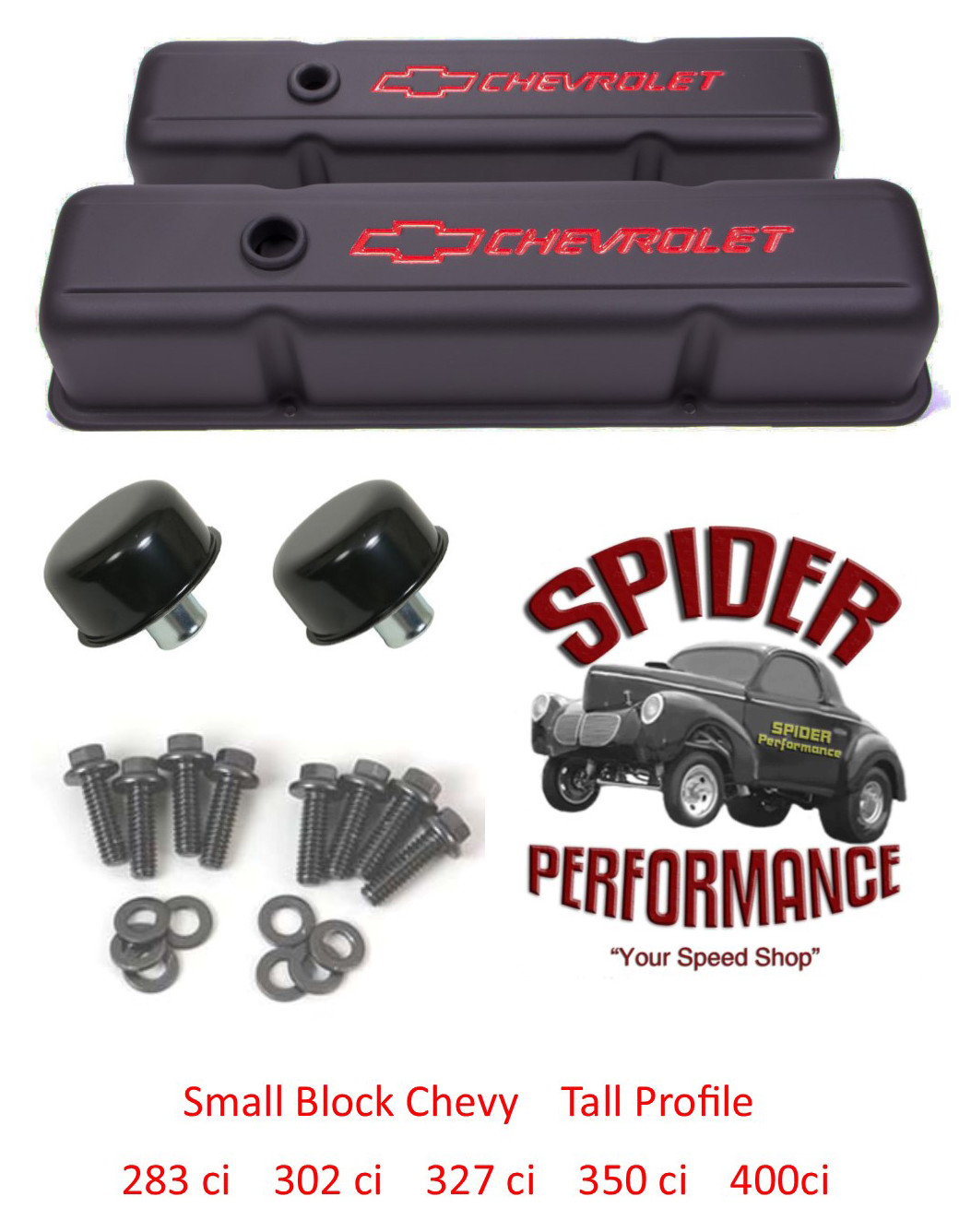 Chevy 283 327 305 350 400 small block TALL valve cover kit BOWTIE BLACK STEEL