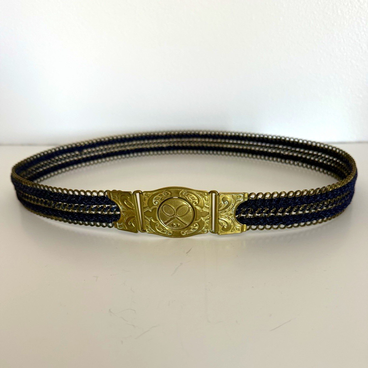 Vintage 1950s Martin England Tennis Belt Pat 660336 Brass Stretch 33 Navy/Gold