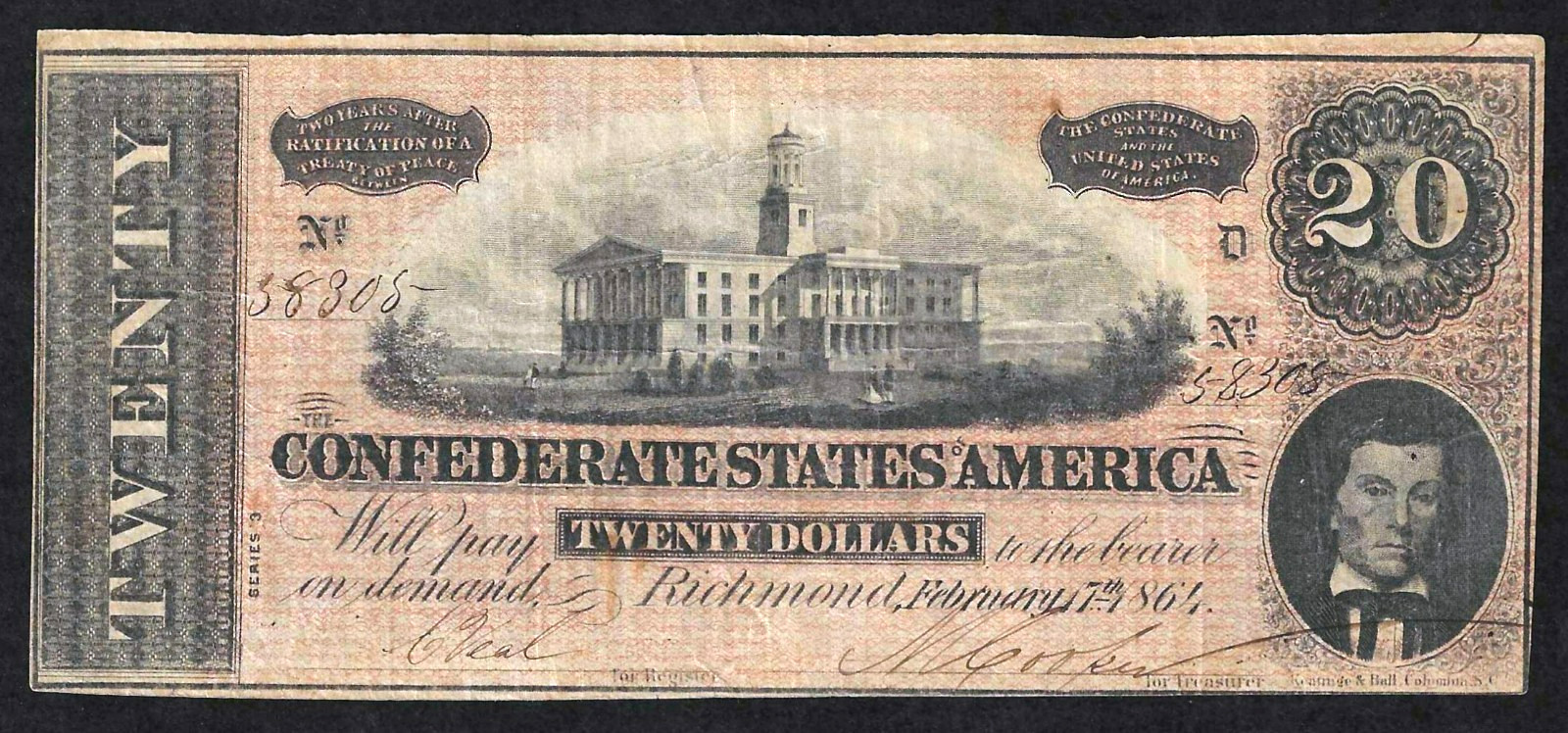 1864 $20 CONFEDERATE CIVIL WAR CURRENCY~ CAPITOL AT NASHVILLE ~ NICE NOTE