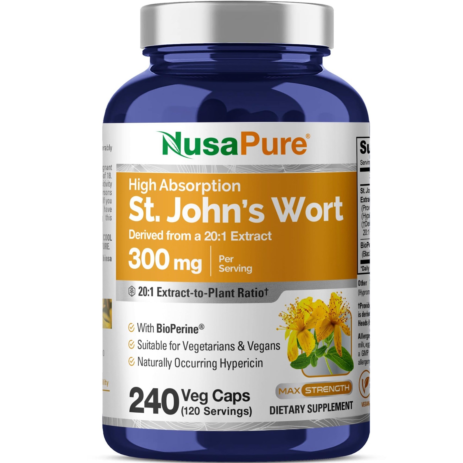 300mg St. John\'s Wort Veggie Capsules with Bioperine - 240 Count, 120 Servings