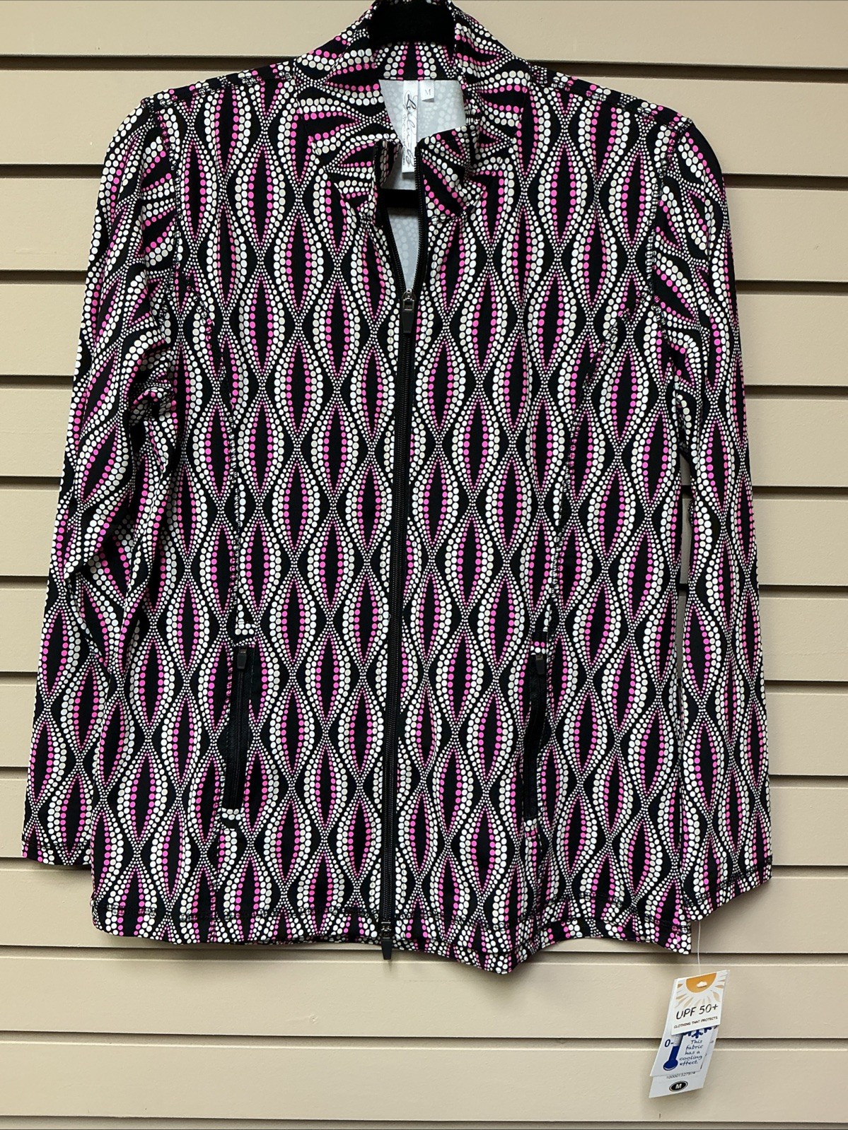 Lulu B Women’s Full 2 Way Zip Jacket Black Pink White Dots Wavy Pockets M NWT Lulu B Women’s Full 2 Way Zip Jacket Black Pink White Dots Wavy Pockets M NWT