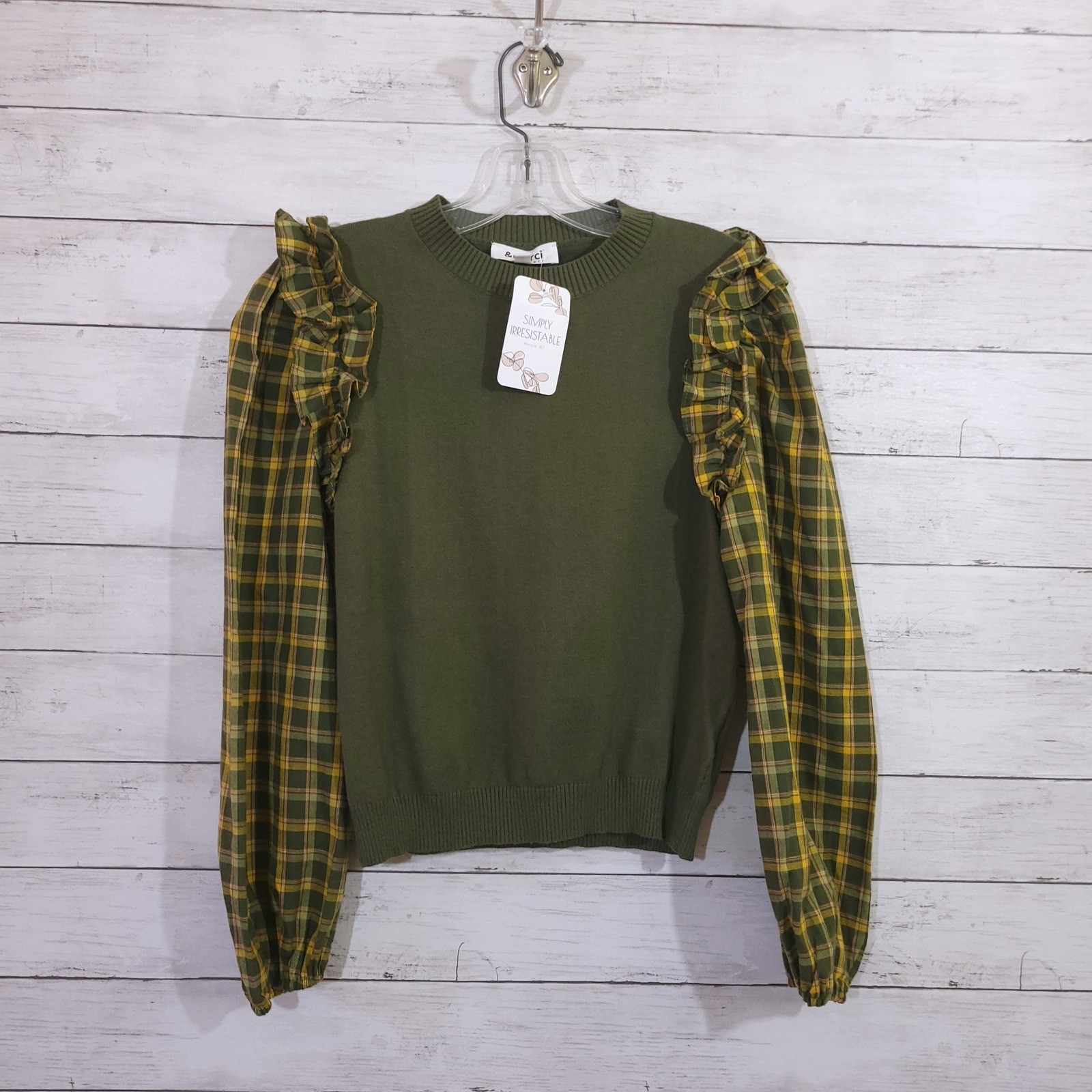 &merci Olive Green Plaid Ruffle Balloon Sleeve Cottagecore Sweater Small NEW