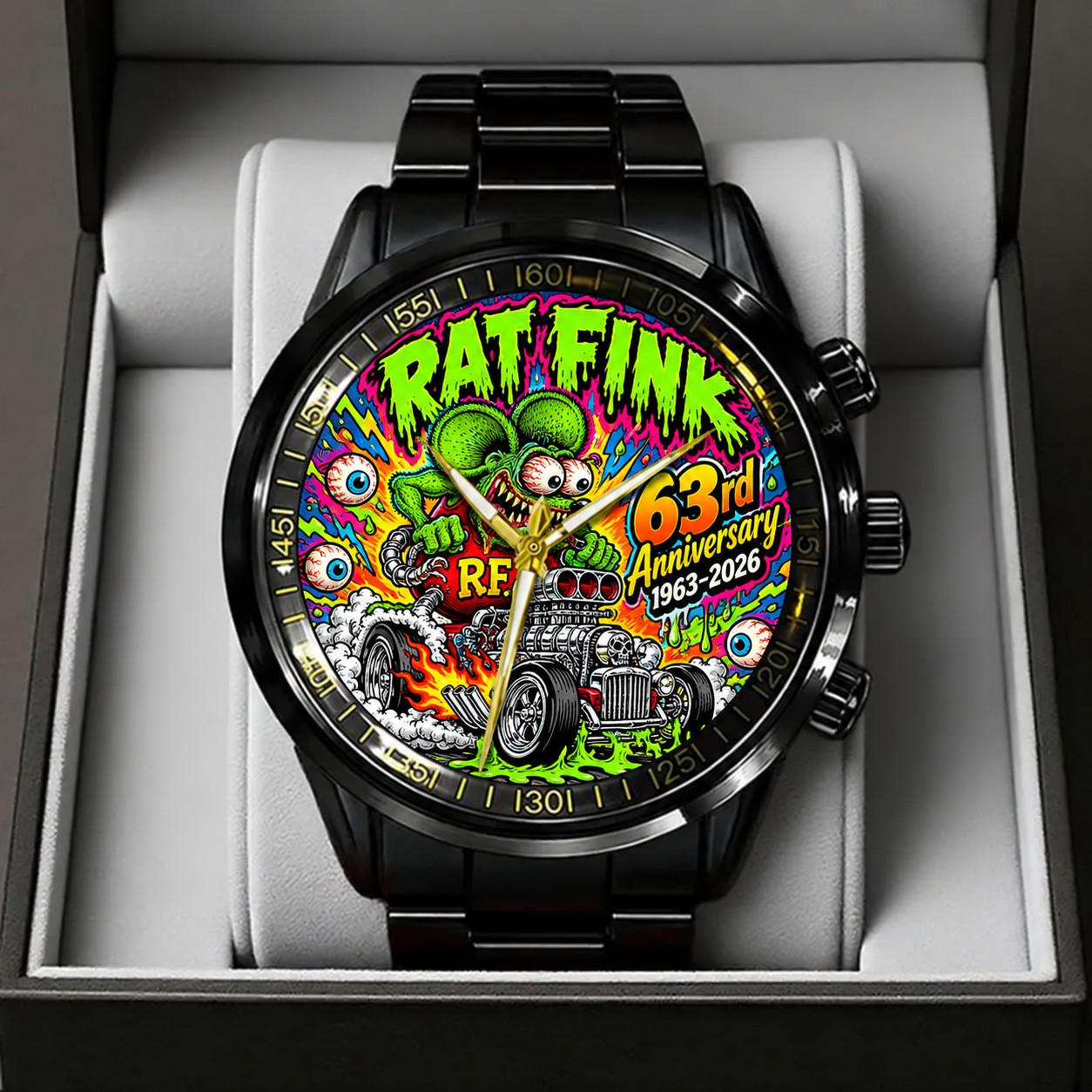 Rat Fink 63rd Anniversary Watch Black Stainless Steel Ed Roth Hot Rod For Men Q9