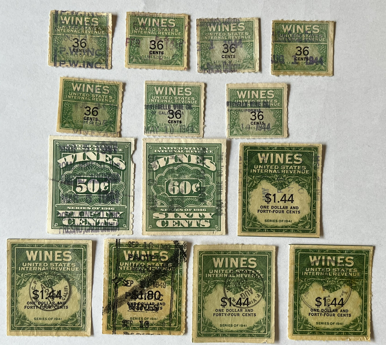 INVESTOR LOT OF 14 U.S. GREEN LARGE WINES TAX STAMPS #2 INVESTOR LOT OF 14 U.S. GREEN LARGE WINES TAX STAMPS #2