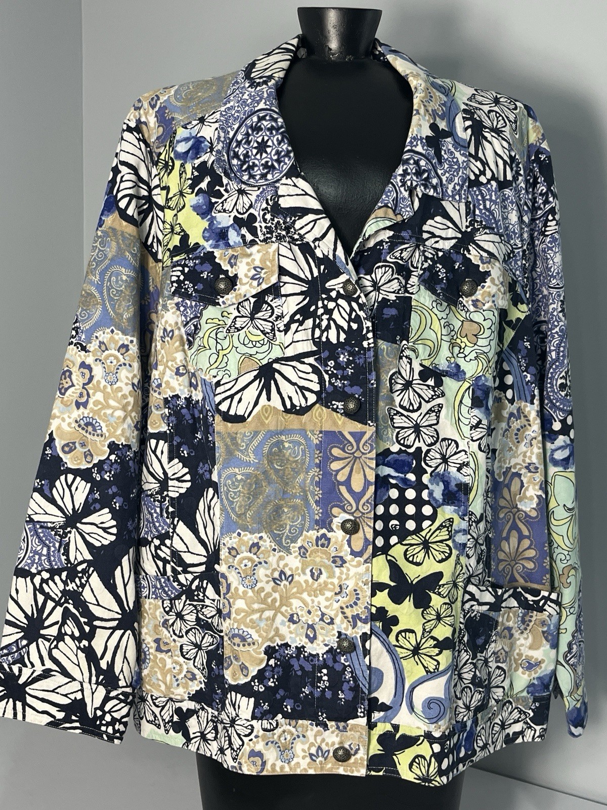 CJ Banks Womens Floral Patchwork Print Cotton Stretch Jacket Size 3X 4-pocket CJ Banks Womens Floral Patchwork Print Cotton Stretch Jacket Size 3X 4-pocket