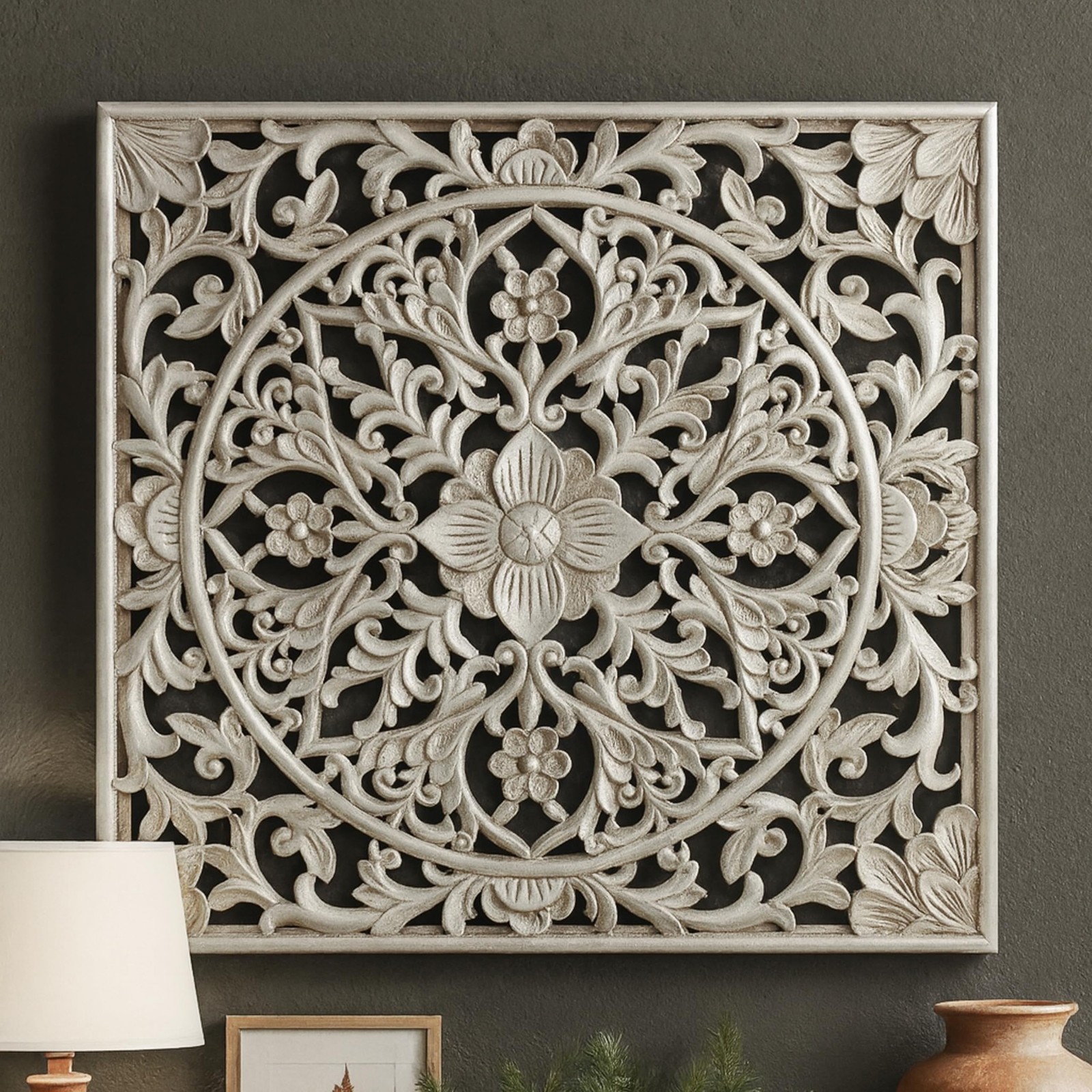 XIAOAIKA Boho Carved Wood Wall Art Panel Floral Mandala Distressed Silver