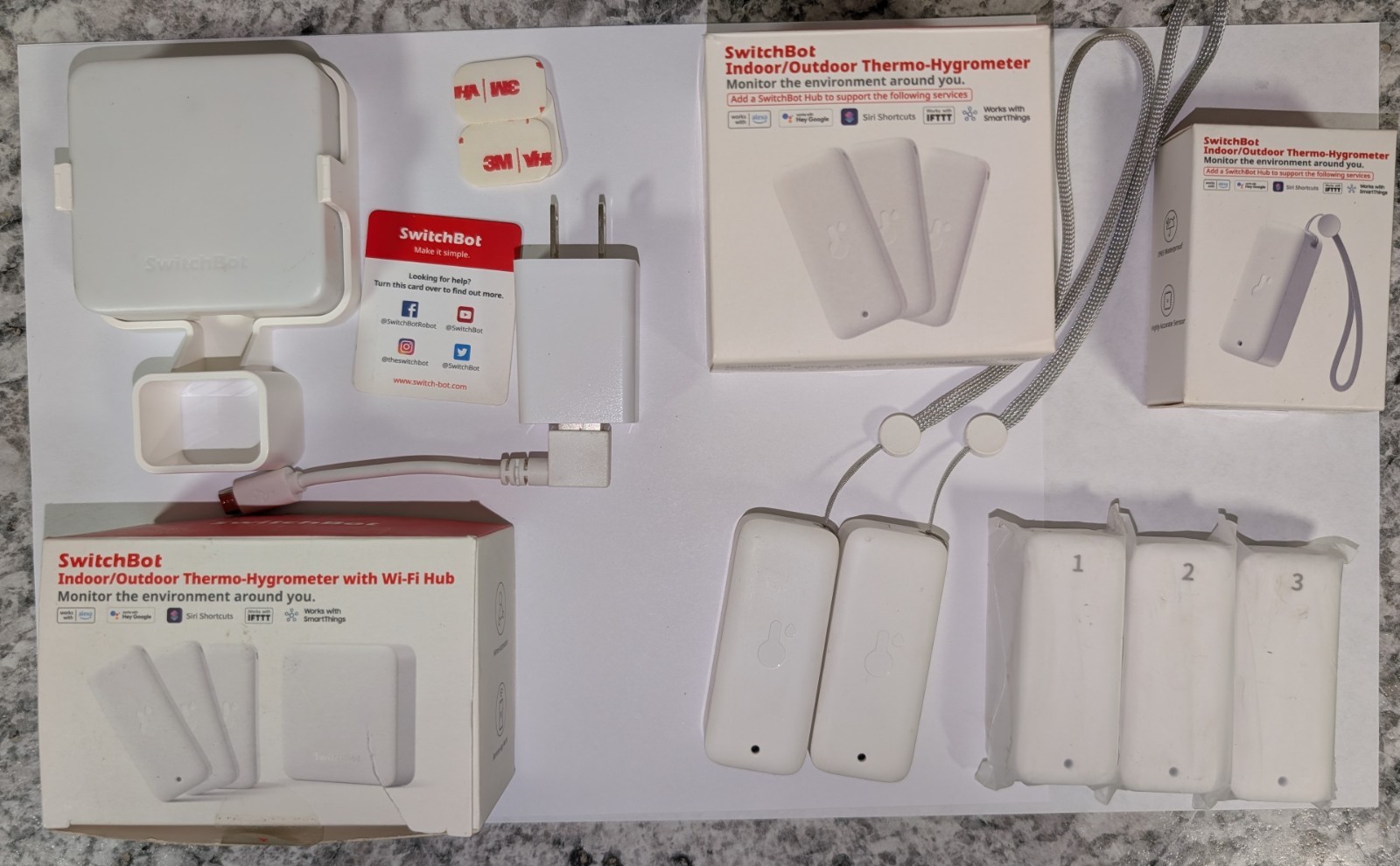 LOT Of SIX SwitchBot Indoor Outdoor Thermo-Hygrometer, Hub And Mount LOT Of SIX SwitchBot Indoor Outdoor Thermo-Hygrometer, Hub And Mount