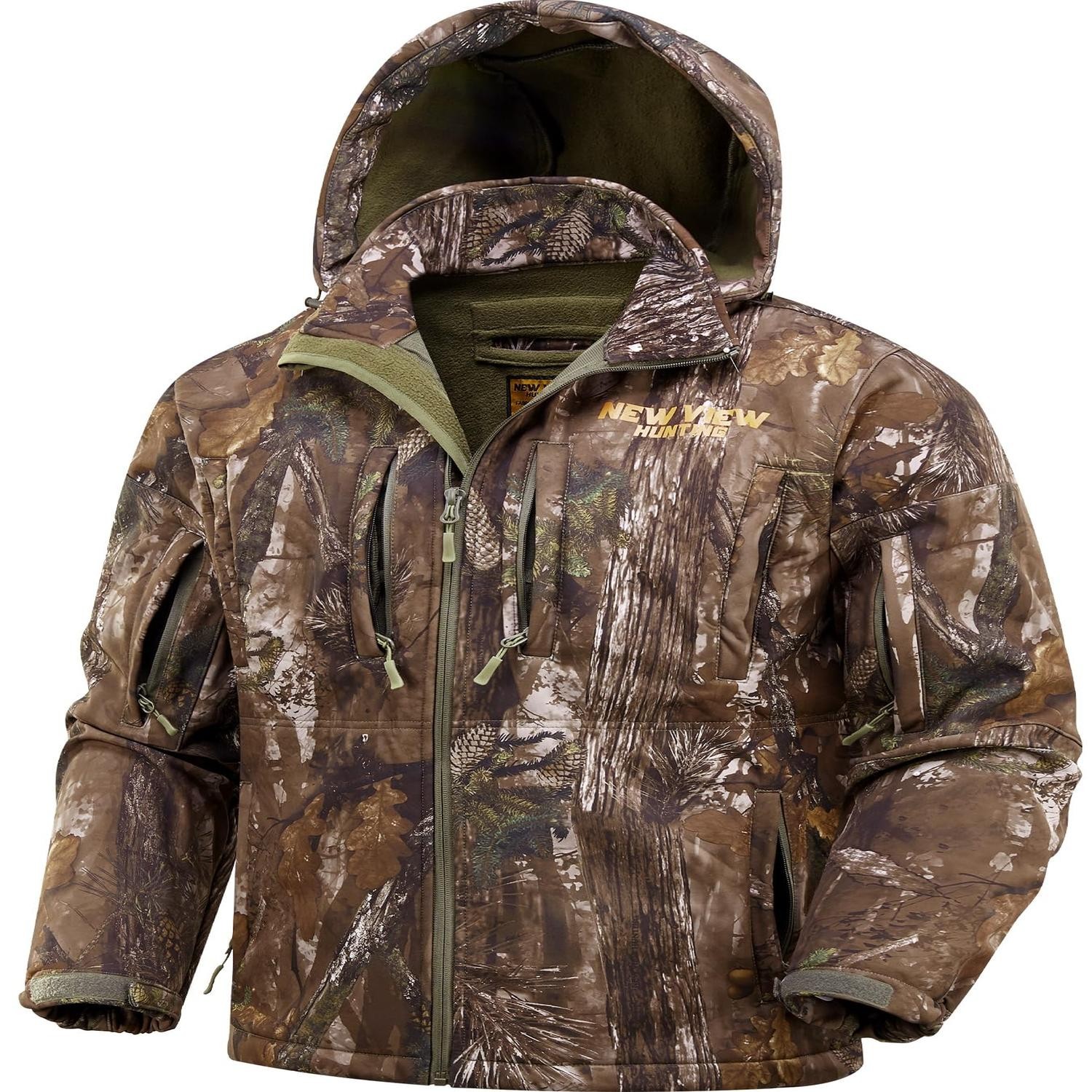 NEW VIEW Men's Camo Hunting Jacket Fleece Lined Hooded Quiet Water Resistant
