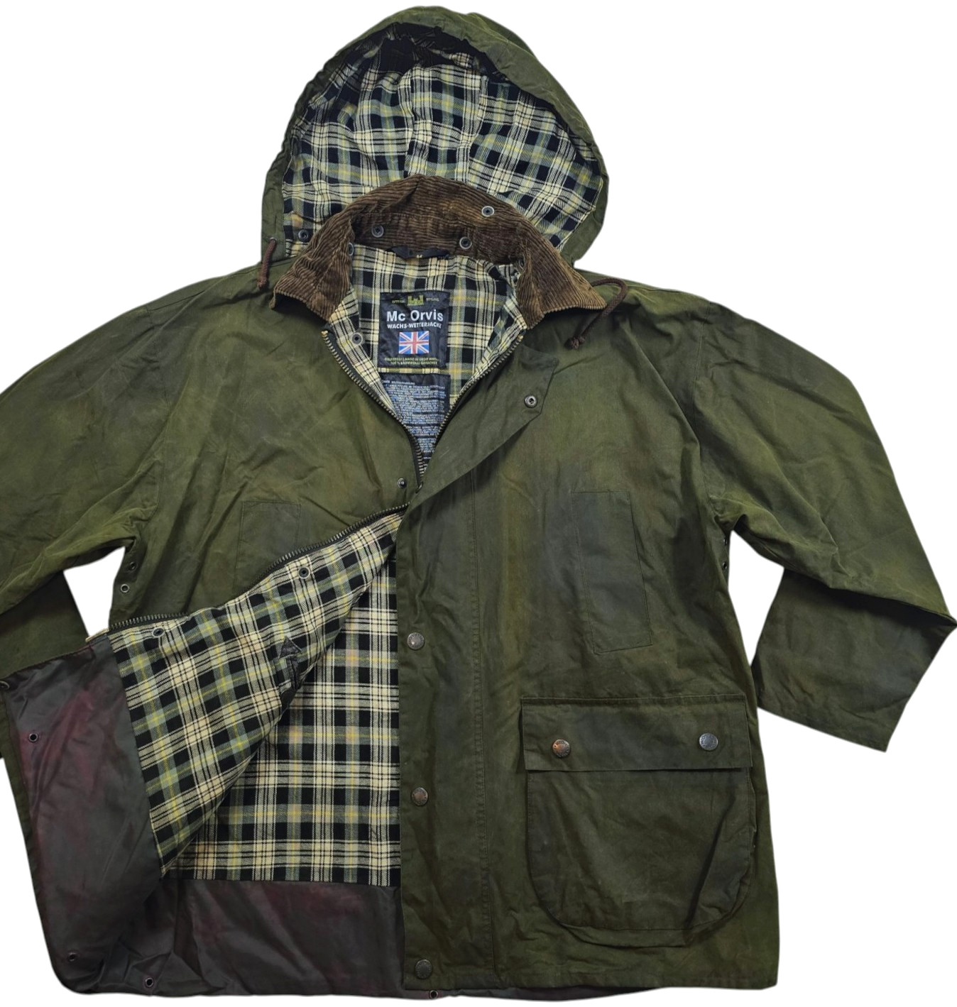 *HOT VTG Men\'s Mc ORVIS @ PARKA HOODED LINED OLIVE GREEN WAXED Jacket M (*Fit L)