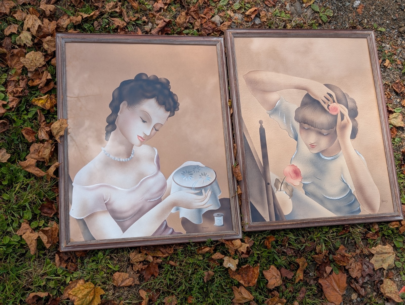 2 Vintage Benjamin Jorj Harris Paintings Mid Century Modern Women Portraits