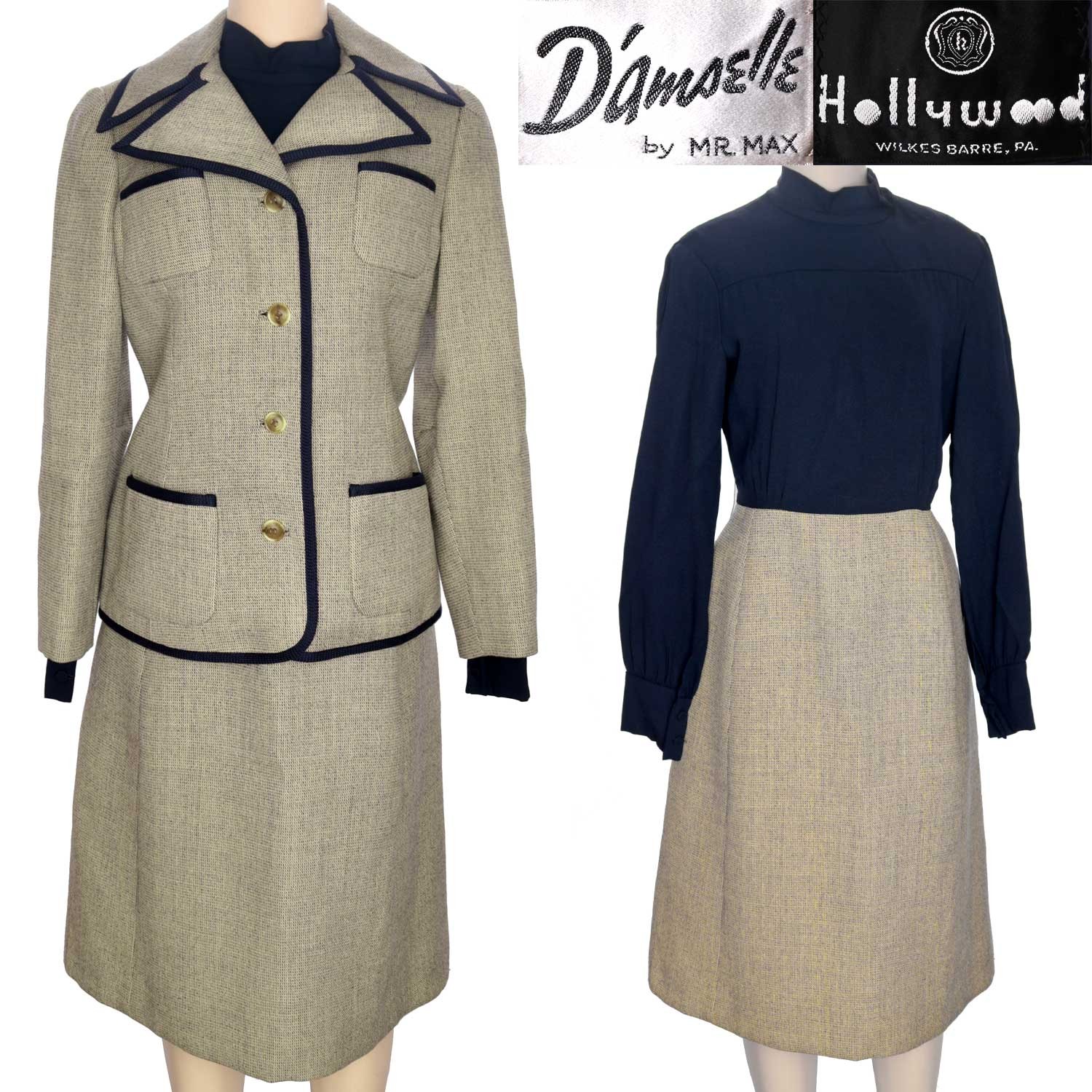 1960s 1970s Vintage Dress + Jacket Suit Set D\'Amselle Mr Max Beige Blue Tweed 12