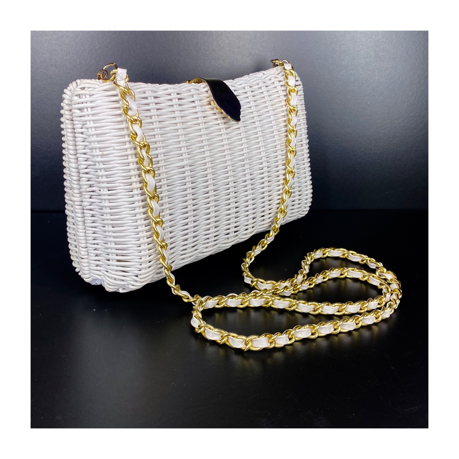 Vintage 60s 70s White Wicker Handbag with Gold-Tone Chain Strap by Emp Orr