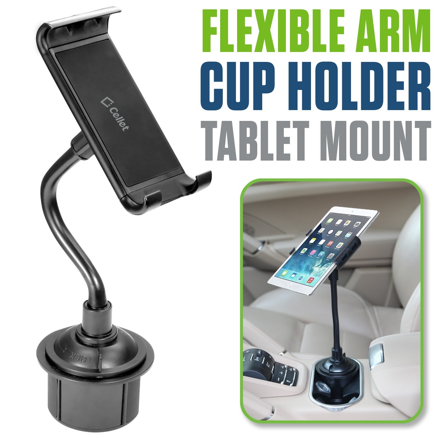 Cellet Cup Holder Tablet Mount Stand 360° Swivel Arm for iPad Galaxy Tab Car SUV