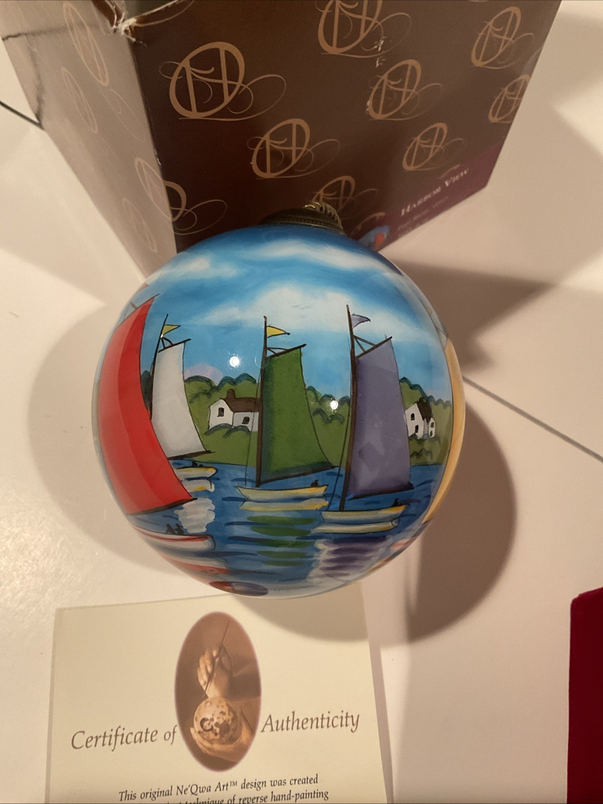 Ne\' Qwa Sailboats Christmas Ornament Reverse Hand Painted Paul Brent Harbor View