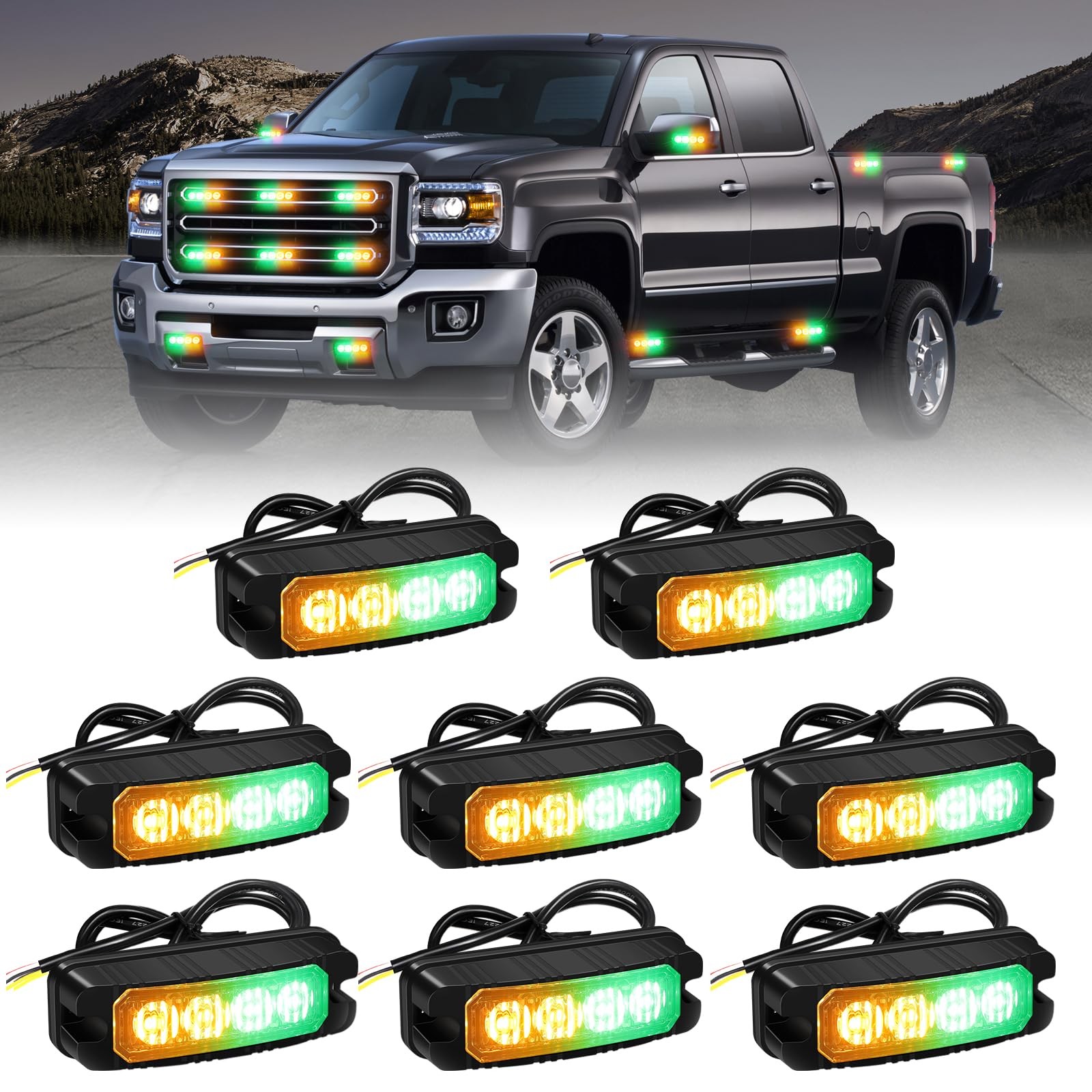 XRIDONSEN 8PCS Sync Truck Grill Strobe Lights 32 LED Amber Green Emergency Light