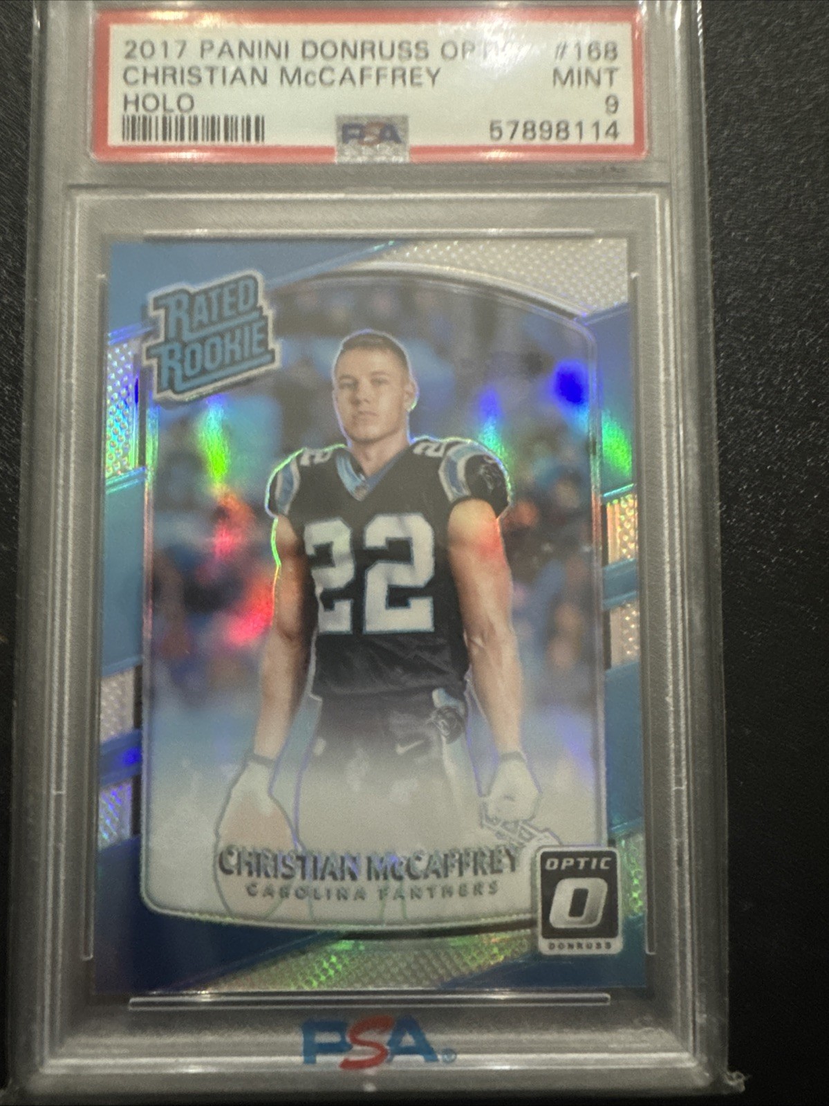 2017 Panini Donruss Optic Christian McCaffrey #168 Rated Rookie Holo PSA 9