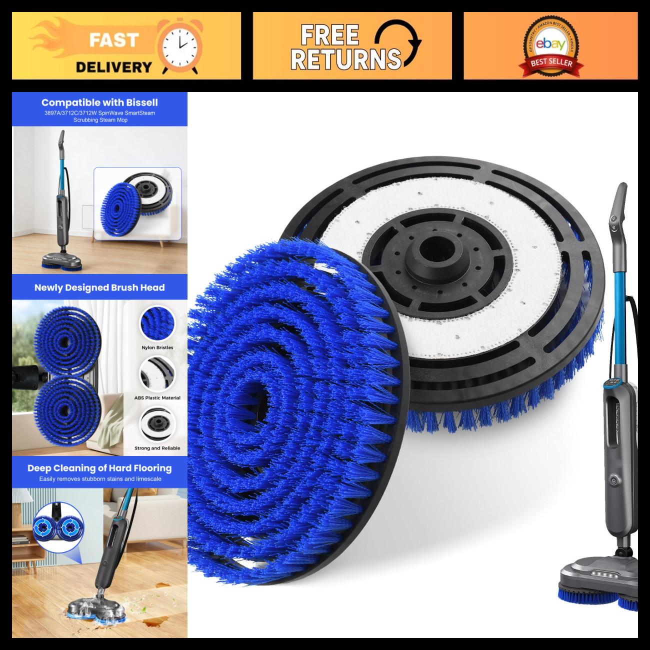 2 Pack Replacement Steam Mop Brush Heads for Bissell 3897A 3712C 3712W - High Ef