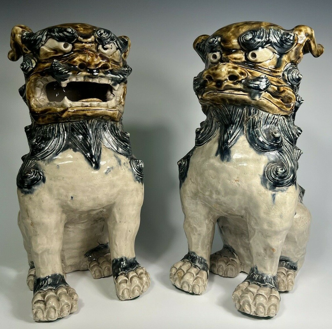 Qing Dynasty Pair of Monumental Chinese Polychrome Porcelain Guardian Lions