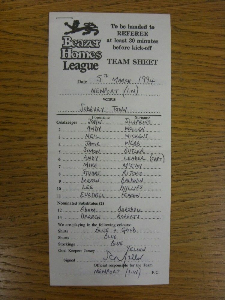 05/03/1994 Official \'Referee\' Teamsheet: Newport Isle Of Wight v Sudbury Town -