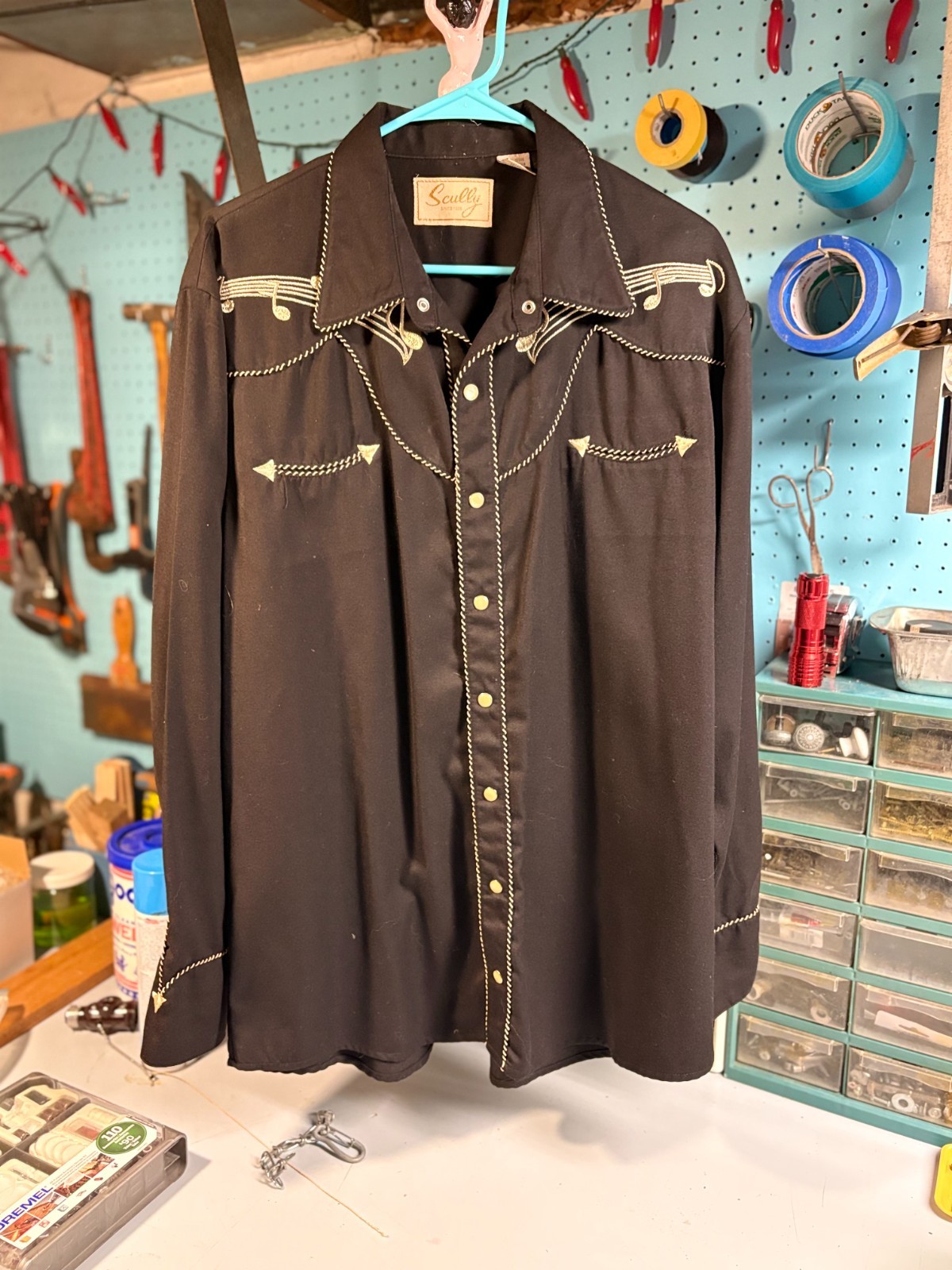 Scully Western Shirt Mens L Black Pearl Snap Music Notes Embroidered Gold Rodeo