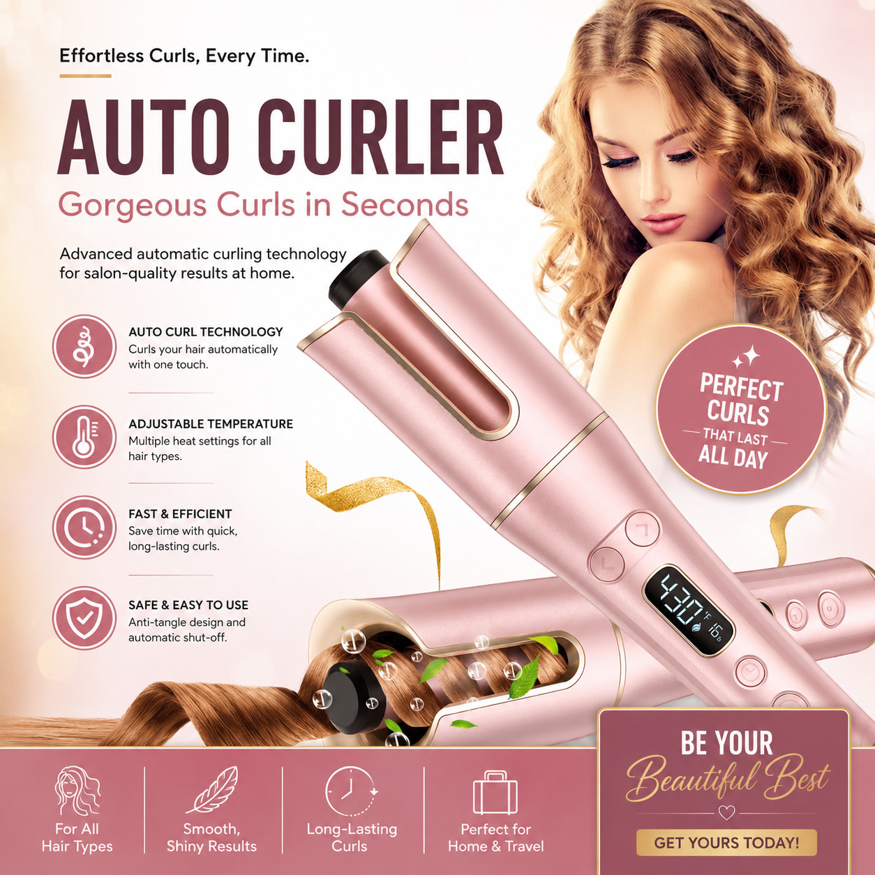 Automatic Hair Curler with LCD Display – 1” Rotating Barrel, 4 Heat Settings, 3