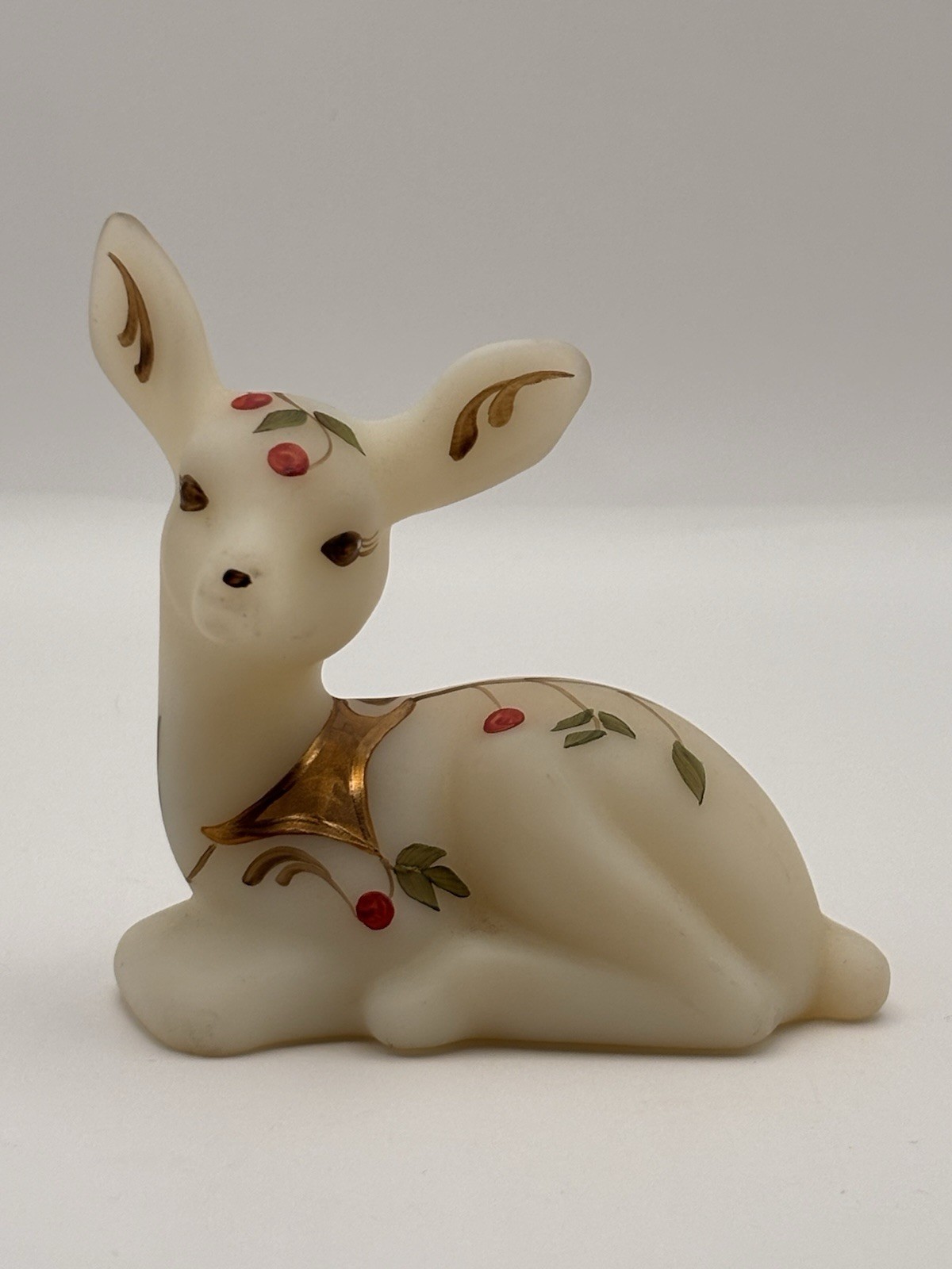Fenton Glass Deer Fawn Twining Berries Ivory Satin Hand Painted Signed L. Nulter