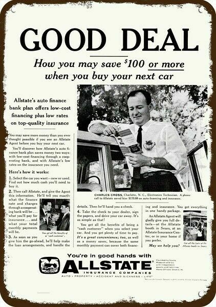 1959 ALLSTATE AUTO INSURANCE Vintage-Look-Edge DECORATIVE REPLICA METAL SIGN