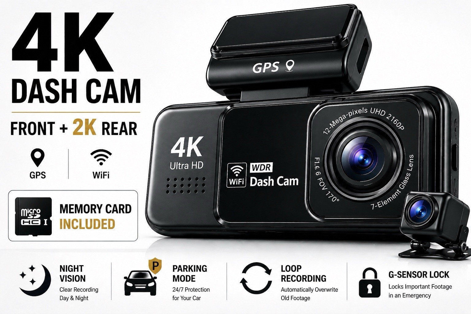 4K Dash Cam Front Rear 2K WiFi GPS Night Vision Parking Mode Memory Included 4K Dash Cam Front Rear 2K WiFi GPS Night Vision Parking Mode Memory Included