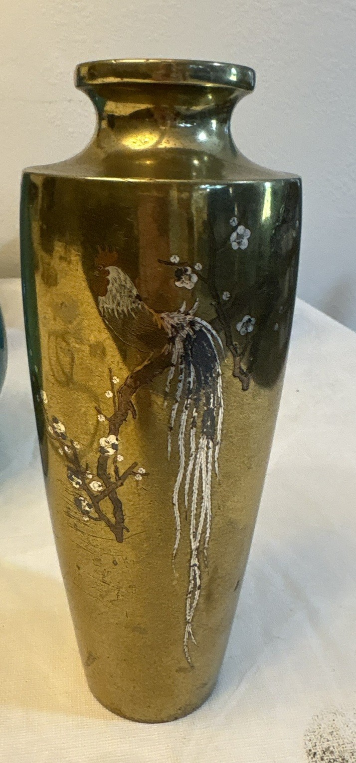 Antique Japanese MeijiPeriod Mixed Metal Vase with Rooster and Prunus