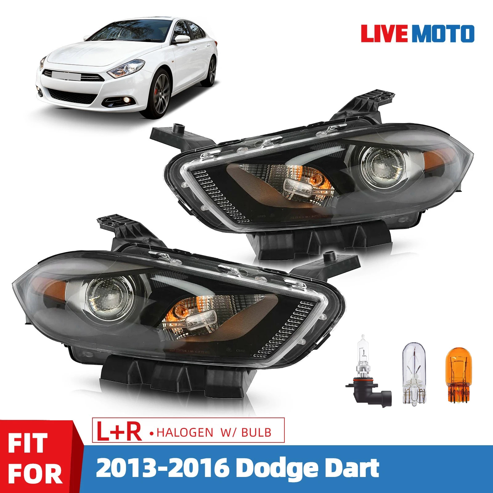 Halogen Headlight For 2013-2016 Dodge Dart w/Black Trim w/Bulb Left+Right Side