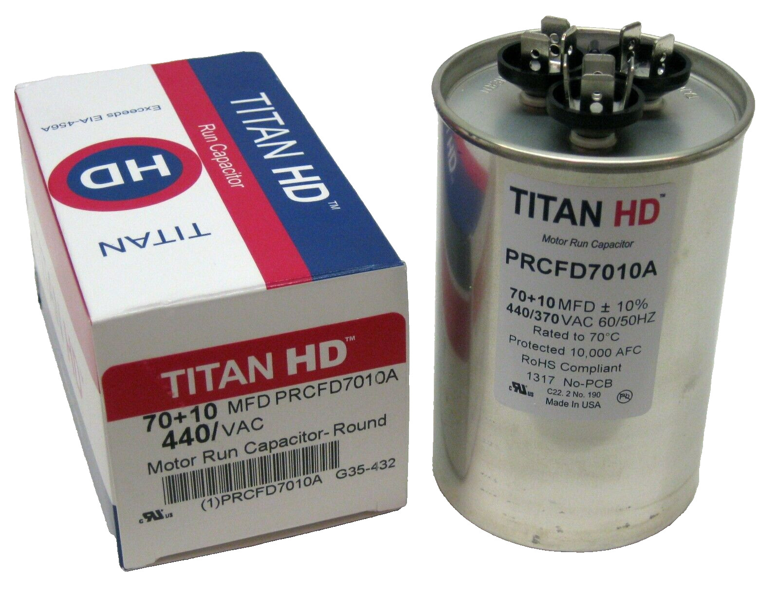 Titan HD PRCFD7010A HVAC Round Run Capacitor 70/10 MFD/UF 440 Volts USA MADE Titan HD PRCFD7010A HVAC Round Run Capacitor 70/10 MFD/UF 440 Volts USA MADE