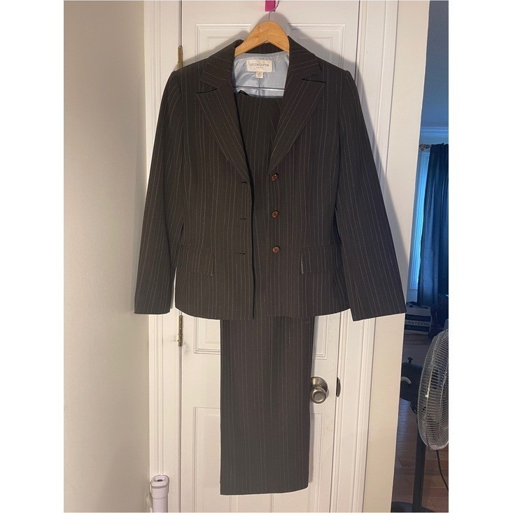 Liz Claiborne Vintage Brown Pinstripe Pantsuit Blazer Trousers Set Womens M 8-10