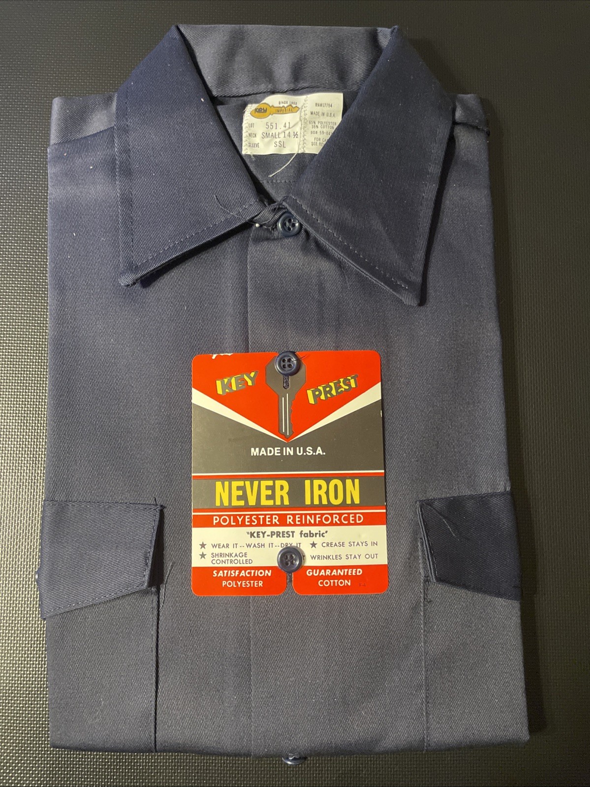 vintage 60s 70s Key Imperial NOS NWT Deadstock Navy SS Work Shirt Twill SZ S